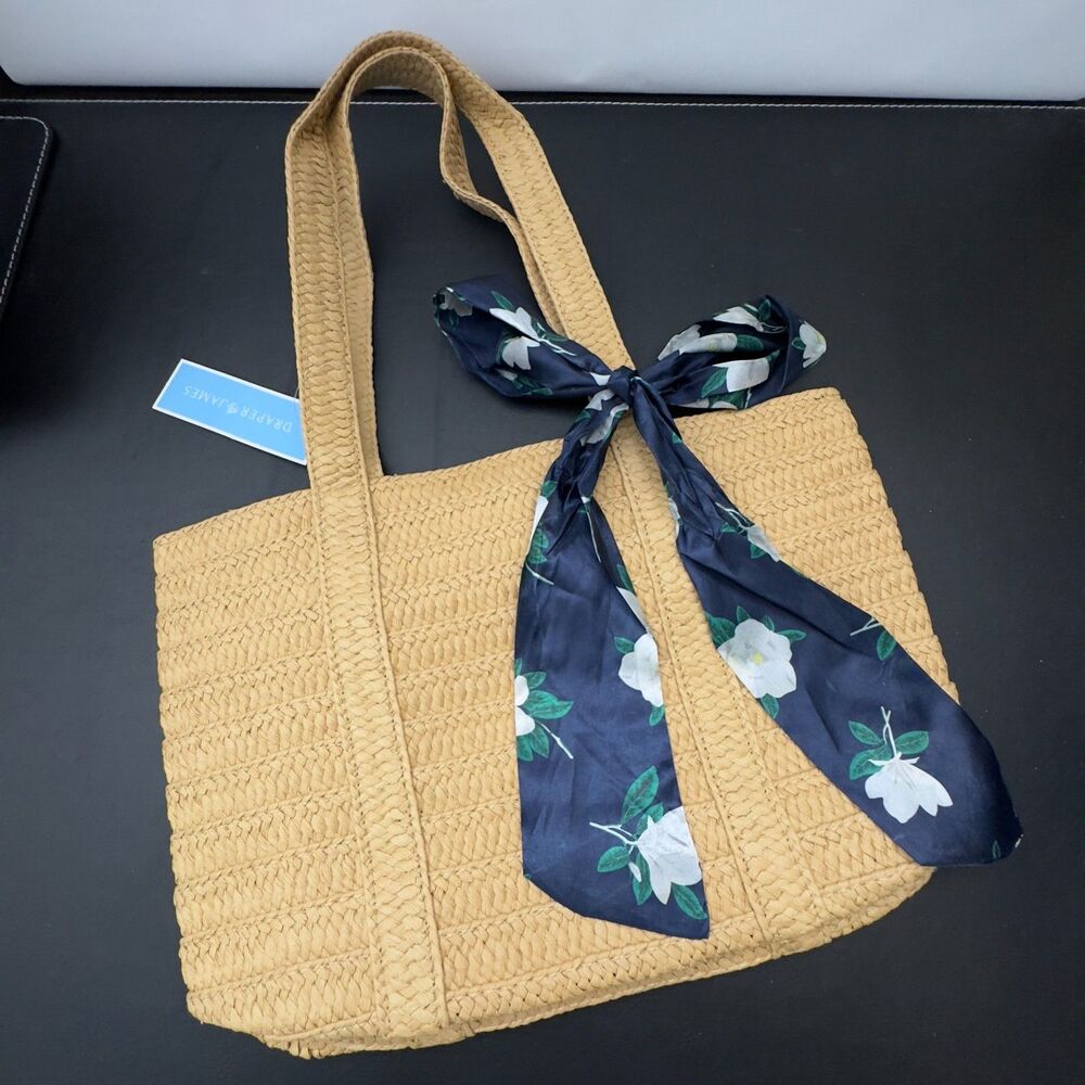 Draper James Straw Tote Bag Straw Weave Shoulder Bag Magnolia Print Scarf NWT